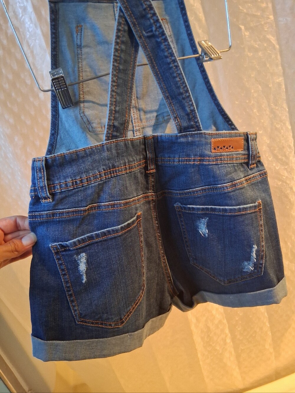 Dollhouse Women's Dark Blue Denim Short Overalls Sz 3 Preowned - Picture 8 of 9